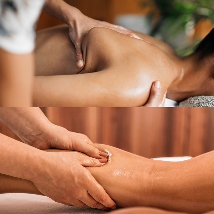 manos realizando masaje descontracturante de piernas y espalda